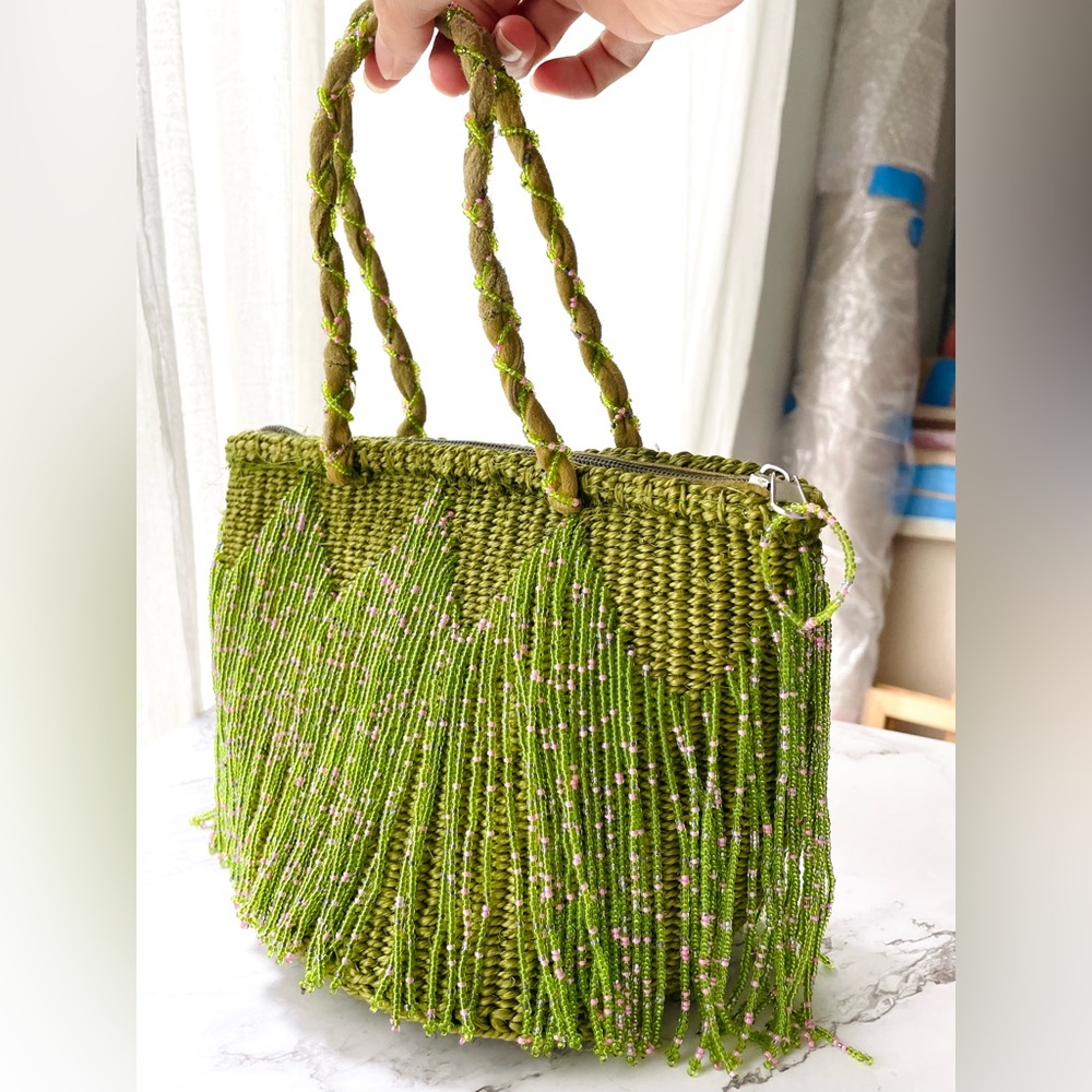 Vintage Green Beaded Hand Bag, Rattan, Beaded and Leather Handles